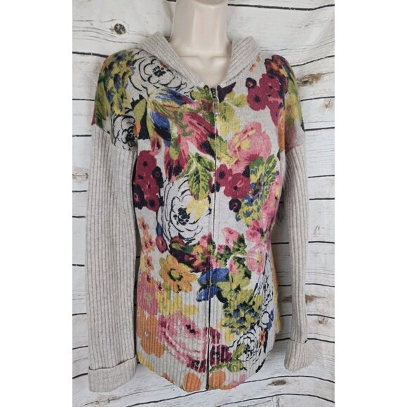Anthropologie Moth Hothouse Floral Sweater Hoodie Cardigan M 100% Wool Full Zip - Picture 2 of 6